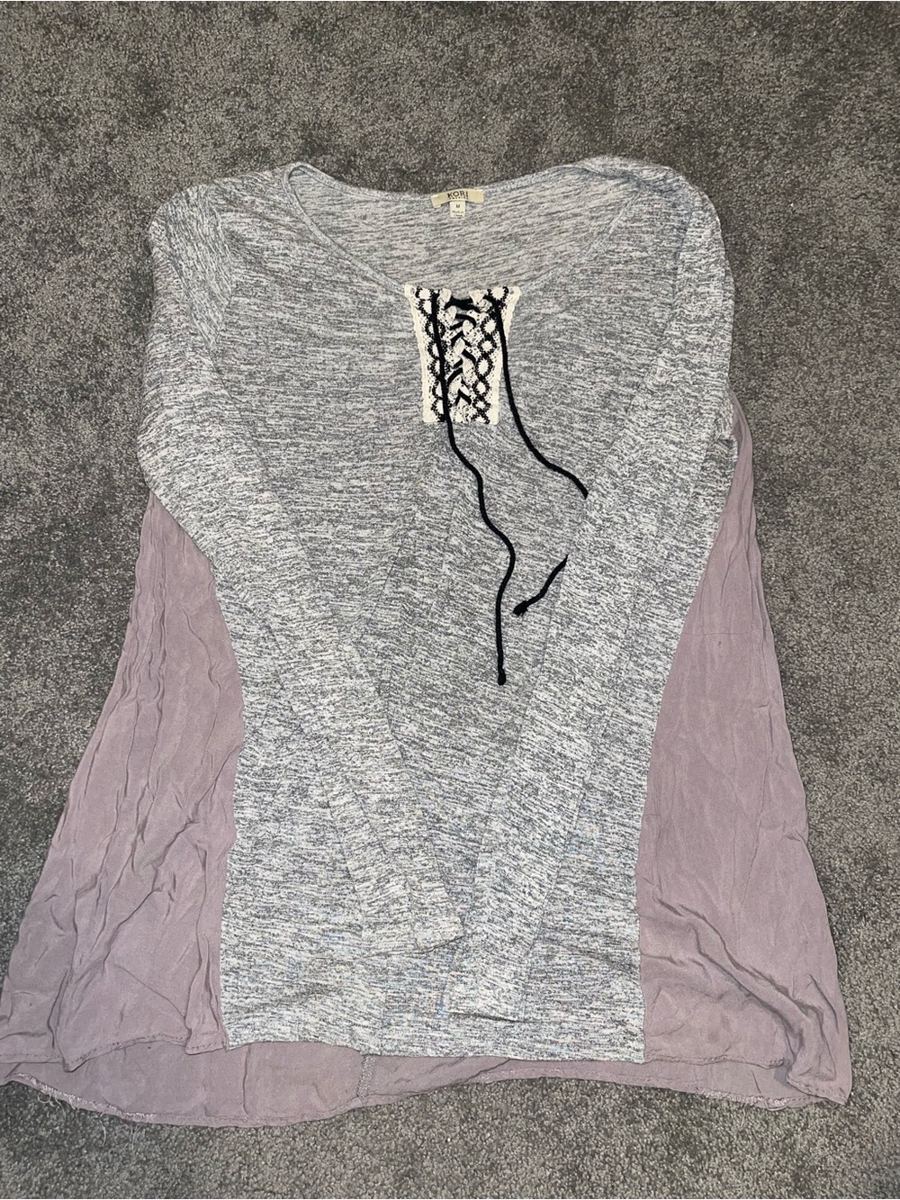 Kori Gray and Lavender Mixed-Media Lace-Up Tunic